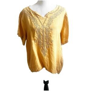 Modern Miss 100% Linen Embroidered Short Sleeve Tunic Size XL Gold Granny